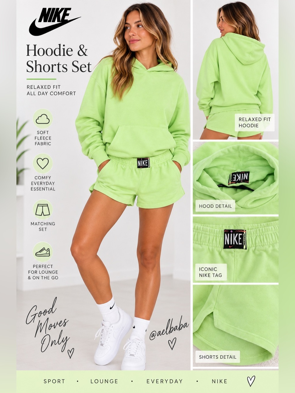 Nike Lime Green Hoodie + Shorts Matching Set Size S Fall Athleisure
